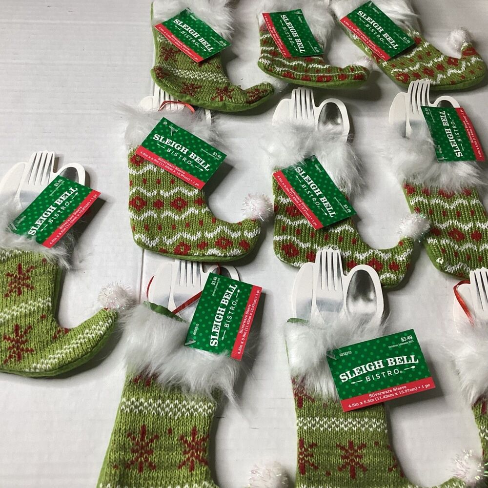 Sleigh Bell Bistro Christmas Knit Silverware Holder Stockings Set of 10 New